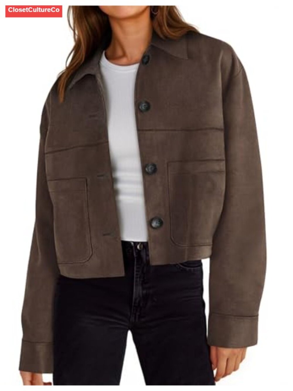Womens Cropped Faux Suede Leather Jacket Lapel Collar Shacket